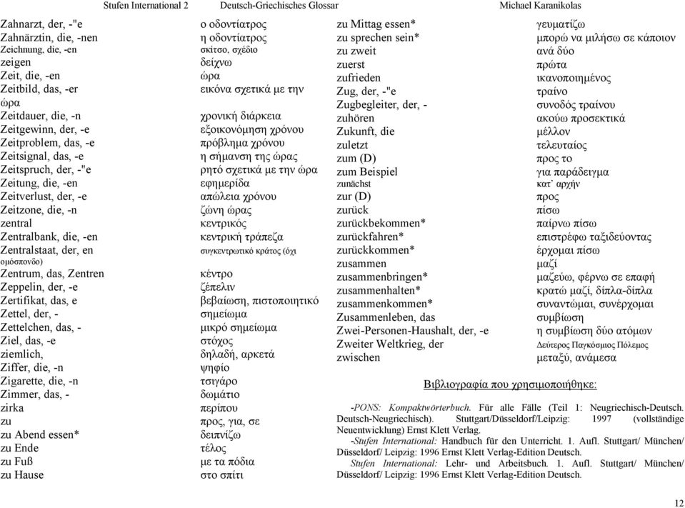 der, - Zettelchen, das, - Ziel, das, -e ziemlich, Ziffer, die, -n Zigarette, die, -n Zimmer, das, - zirka zu zu Abend essen* zu Ende zu Fuß zu Hause Stufen International 2 Deutsch-Griechisches