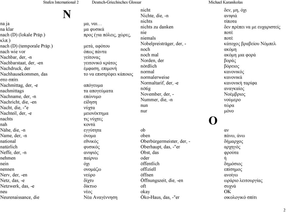 der, -e nachts nah Nähe, die, -n Name, der, -n national natürlich Neffe, der, -n nehmen nein nennen Nerv, der, -en Netz, das, -e Netzwerk, das, -e neu Neurenaissance, die Stufen International 2