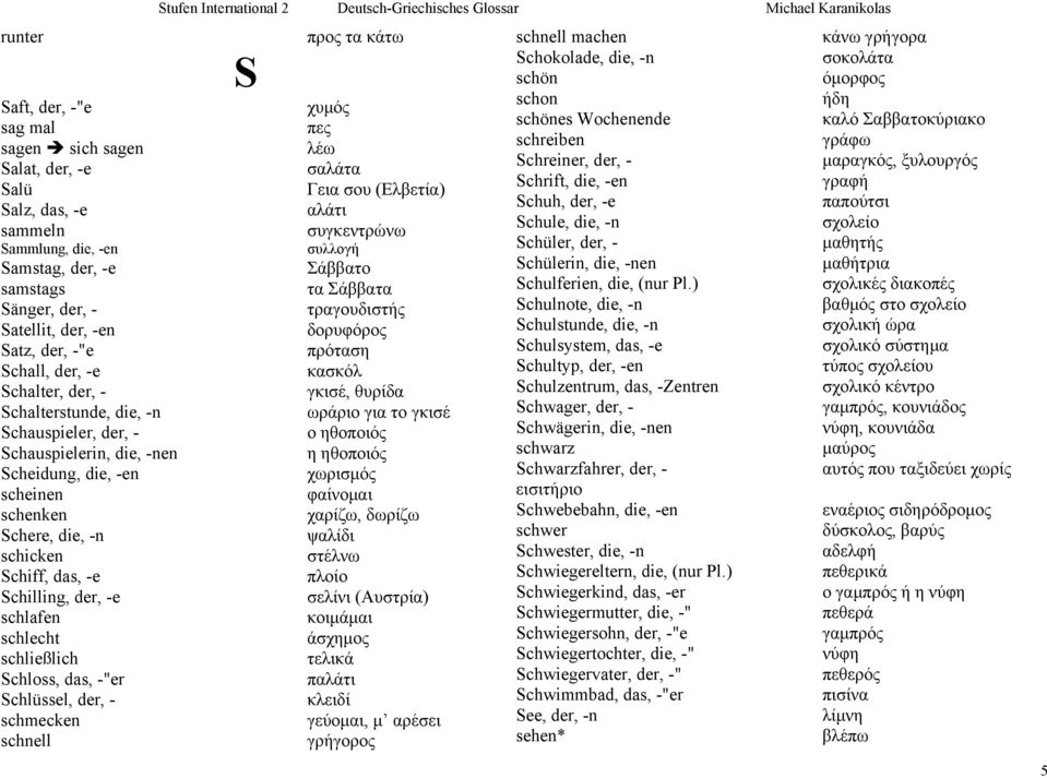 schlecht schließlich Schloss, das, -"er Schlüssel, der, - schmecken schnell Stufen International 2 Deutsch-Griechisches Glossar Michael Karanikolas S προς τα κάτω schnell machen κάνω γρήγορα