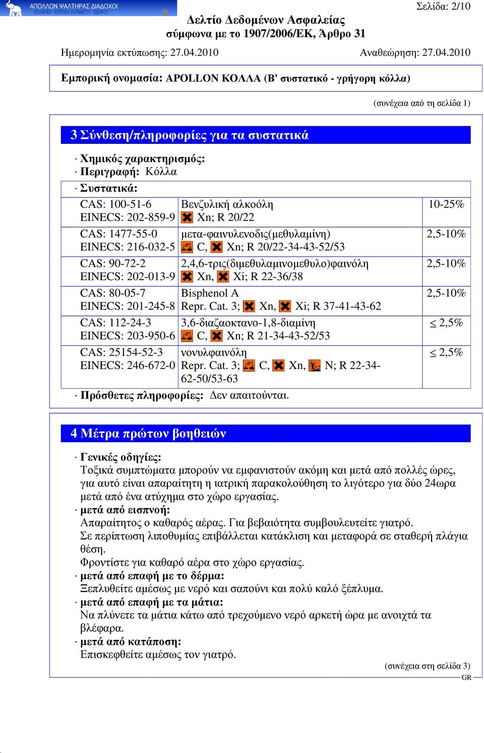 20/22-34-43-52/53 2,4,6-τρις(διµεθυλαµινοµεθυλο)φαινόλη Xn, Xi; R 22-36/38 Bisphenol A Repr. Cat. 3; Xn, Xi; R 37-41-43-62 3,6-διαζαοκτανο-1,8-διαµίνη C, Xn; R 21-34-43-52/53 νονυλφαινόλη Repr. Cat. 3; C, Xn, N; R 22-34- 62-50/53-63 Πρόσθετες πληροφορίες: εν απαιτούνται.