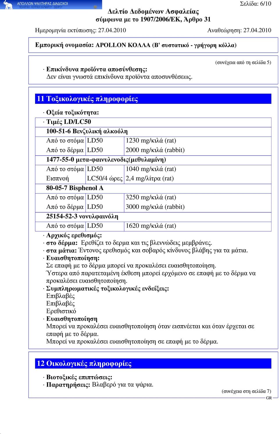 1477-55-0µετα-φαινυλενοδις(µεθυλαµίνη) Από το στόµα LD50 1040 mg/κιλά (rat) Εισπνοή LC50/4 ώρες 2,4 mg/λίτρα (rat) 80-05-7 Bisphenol A Από το στόµα LD50 3250 mg/κιλά (rat) Από το δέρµα LD50 3000