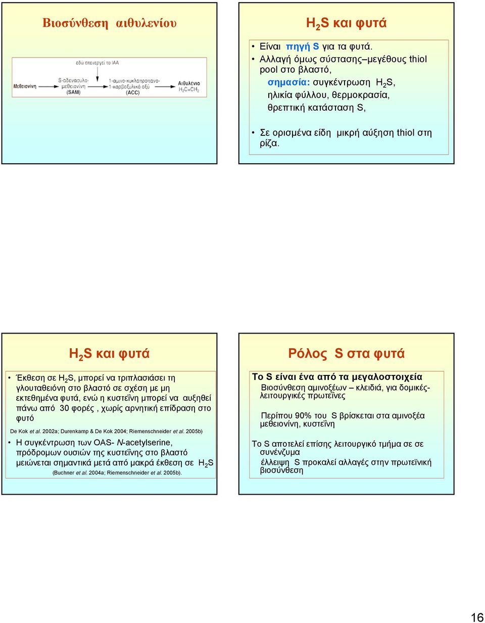 H 2 S και φυτά Έκθεση σε H 2 S, μπορεί να τριπλασιάσει τη γλουταθειόνη στο βλαστό σε σχέση με μη εκτεθημένα φυτά, ενώ η κυστεΐνη μπορεί να αυξηθεί πάνω από 30 φορές, χωρίς αρνητική επίδραση στο φυτό