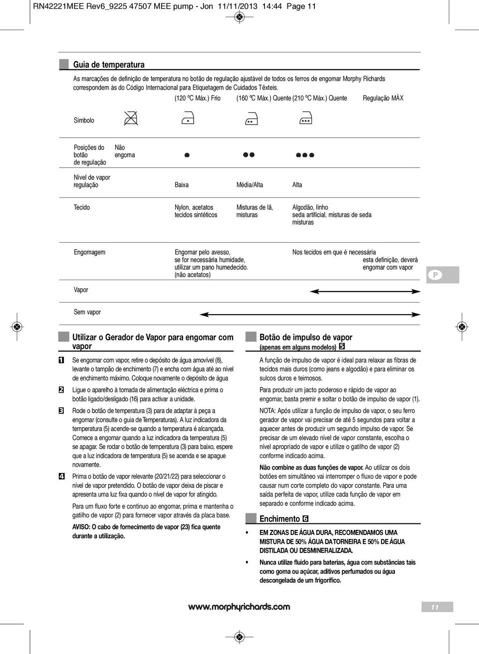 ) Quente Regulação MÁX Símbolo Posições do botão de regulação Não engoma Nível de vapor regulação Baixa Média/Alta Alta Tecido Nylon, acetatos Misturas de lã, Algodão, linho tecidos sintéticos