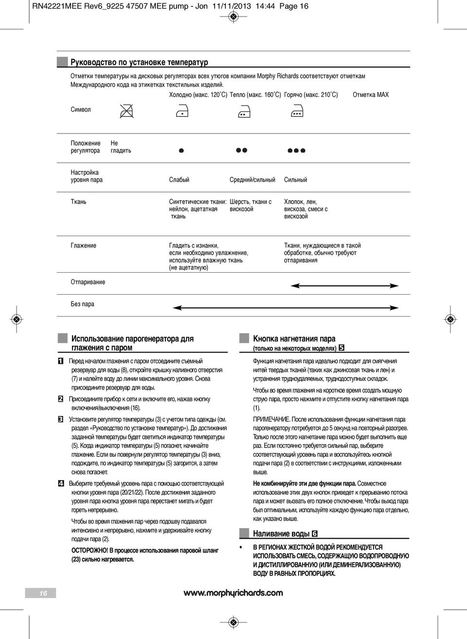 210 C) Отметка МАХ Символ Положение регулятора Не гладить Настройка уровня пара Слабый Средний/сильный Сильный Ткань Синтетические ткани: Шерсть, ткани с Хлопок, лен, нейлон, ацетатная вискозой