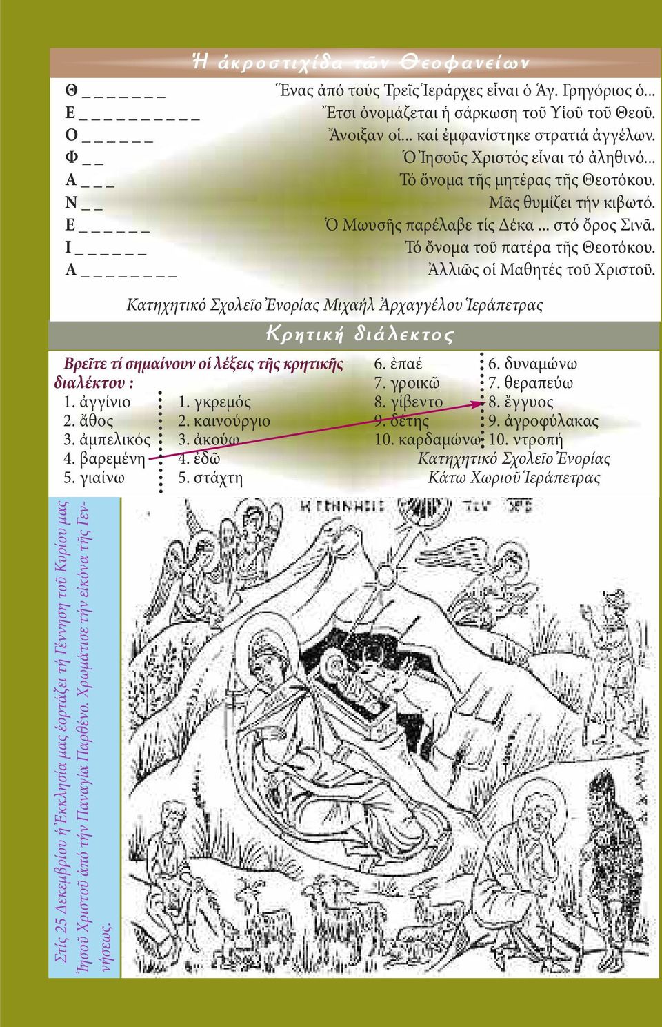 Ἀλλιῶς οἱ Μαθητές τοῦ Χριστοῦ. Κατηχητικό Σχολεῖο Ἐνορίας Μιχαήλ Ἀρχαγγέλου Ἱεράπετρας Βρεῖτε τί σημαίνουν οἱ λέξεις τῆς κρητικῆς διαλέκτου : 1. ἀγγίνιο 1. γκρεμός 2. ἄθος 2. καινούργιο 3.