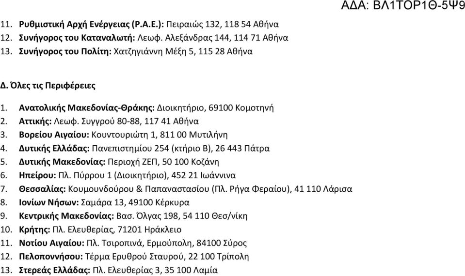 Συγγρού 80-88, 117 41 Αθήνα 3. Βορείου Αιγαίου: Κουντουριώτη 1, 811 00 Μυτιλήνη 4. Δυτικής Ελλάδας: Πανεπιστημίου 254 (κτήριο Β), 26 443 Πάτρα 5. Δυτικής Μακεδονίας: Περιοχή ΖΕΠ, 50 100 Κοζάνη 6.