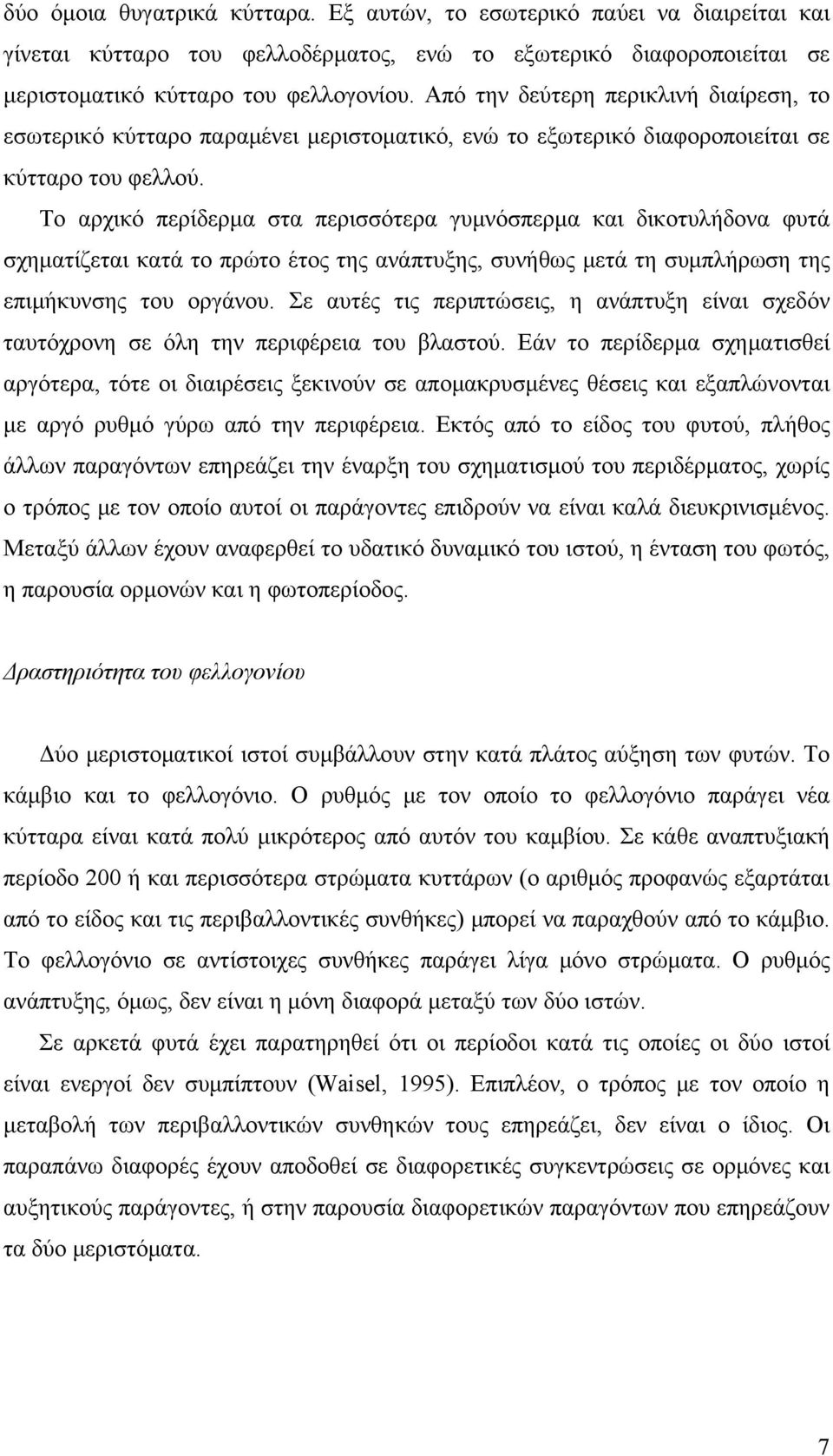 Το αρχικό περίδερμα στα περισσότερα γυμνόσπερμα και δικοτυλήδονα φυτά σχηματίζεται κατά το πρώτο έτος της ανάπτυξης, συνήθως μετά τη συμπλήρωση της επιμήκυνσης του οργάνου.