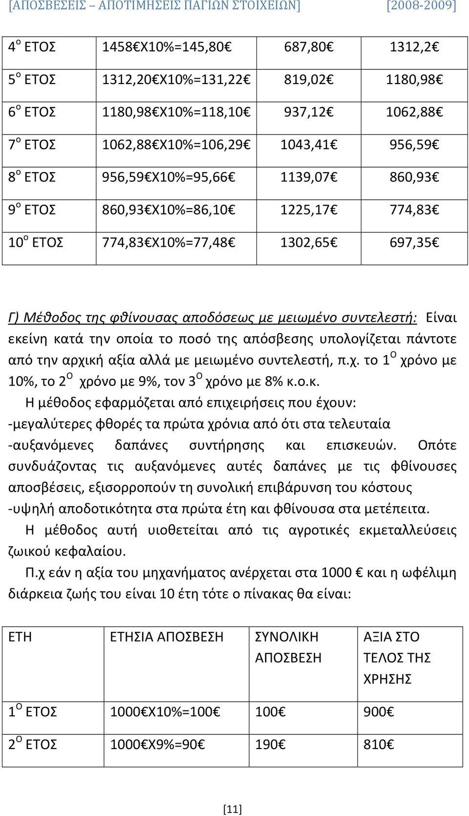 απόσβεσης υπολογίζεται πάντοτε από την αρχική αξία αλλά με μειωμένο συντελεστή, π.χ. το 1 Ο χρόνο με 10%, το 2 Ο χρόνο με 9%, τον 3 Ο χρόνο με 8% κ.ο.κ. Η μέθοδος εφαρμόζεται από επιχειρήσεις που έχουν: μεγαλύτερες φθορές τα πρώτα χρόνια από ότι στα τελευταία αυξανόμενες δαπάνες συντήρησης και επισκευών.