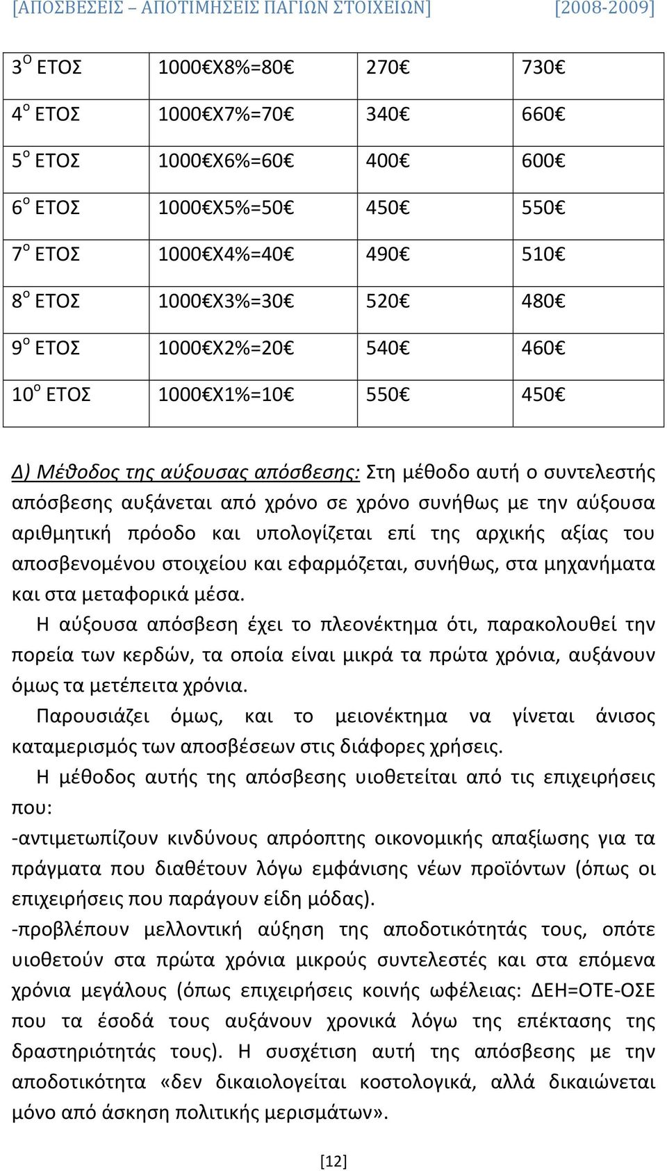 της αρχικής αξίας του αποσβενομένου στοιχείου και εφαρμόζεται, συνήθως, στα μηχανήματα και στα μεταφορικά μέσα.