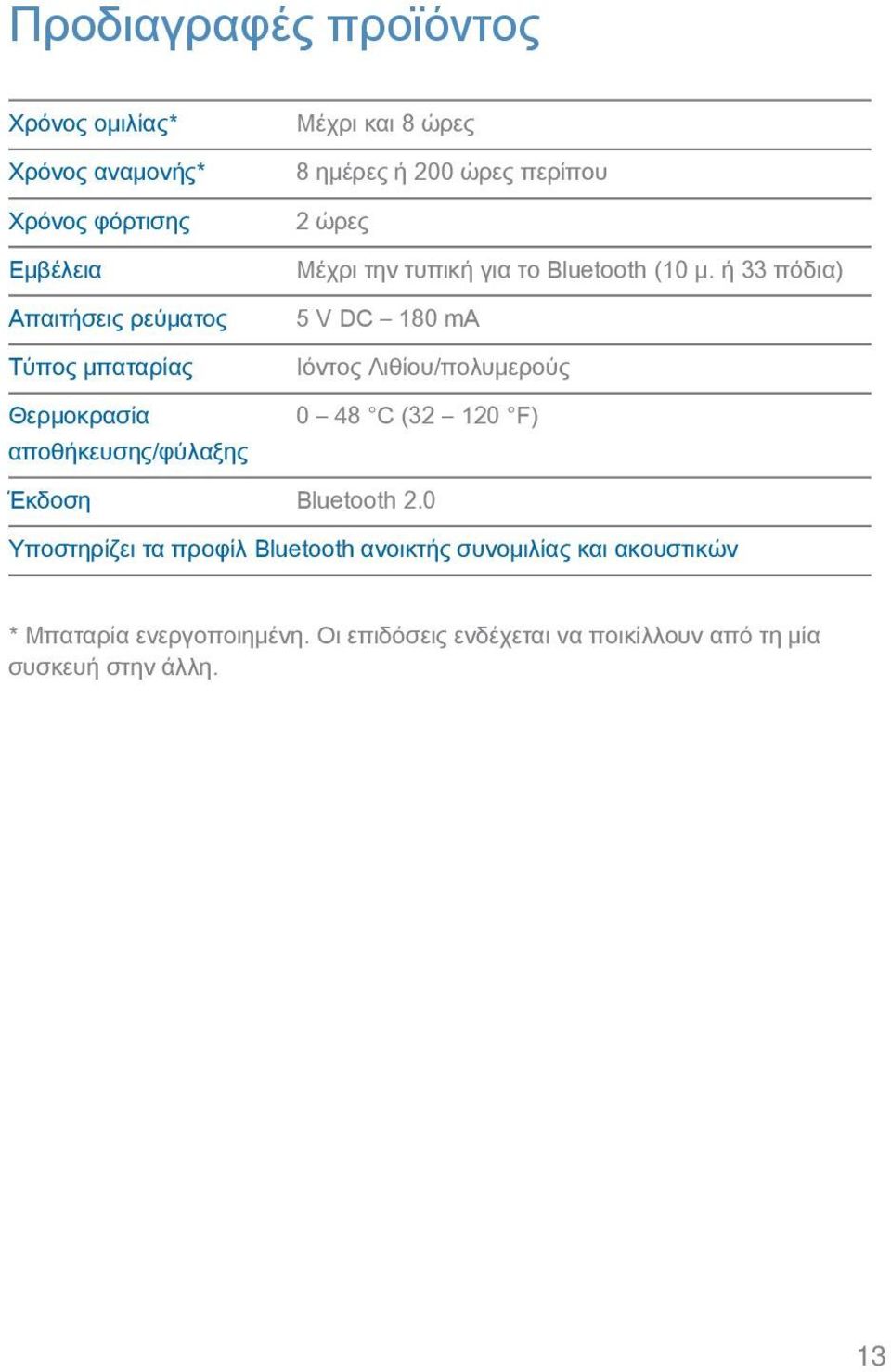 ή 33 πόδια) 5 V DC 180 ma Ιόντος Λιθίου/πολυμερούς 0 48 C (32 120 F) Έκδοση Bluetooth 2.