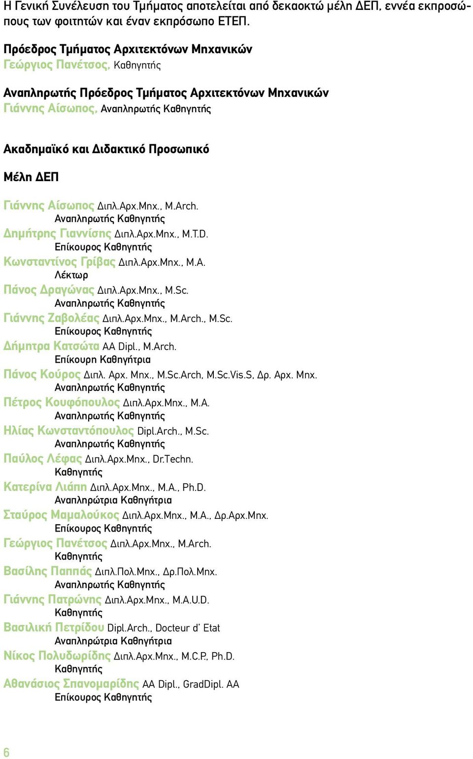 Μέλη ΔΕΠ Γιάννης Αίσωπος Διπλ.Αρχ.Μηχ., M.Arch. Αναπληρωτής Καθηγητής Δημήτρης Γιαννίσης Διπλ.Αρχ.Μηχ., M.T.D. Eπίκουρος Καθηγητής Κωνσταντίνος Γρίβας Διπλ.Αρχ.Μηχ., M.A. Λέκτωρ Πάνος Δραγώνας Διπλ.
