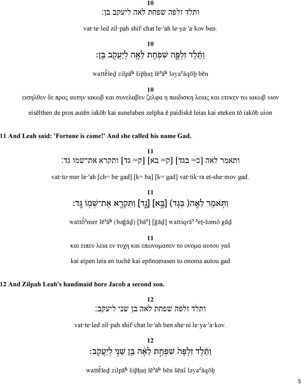 pros autēn iakōb kai sunelaben zelpha ē paidiskē leias kai eteken tō iakōb uion 11 And Leah said: 'Fortune is come!' And she called his name Gad.