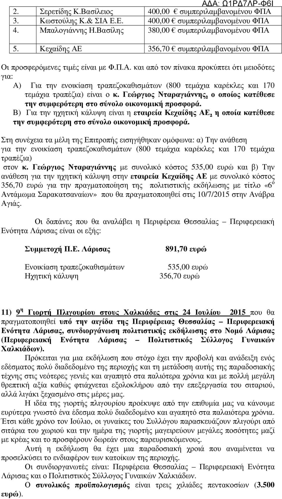 Γεώργιος Νταραγιάννης, ο οποίος κατέθεσε την συμφερότερη στο σύνολο οικονομική προσφορά.