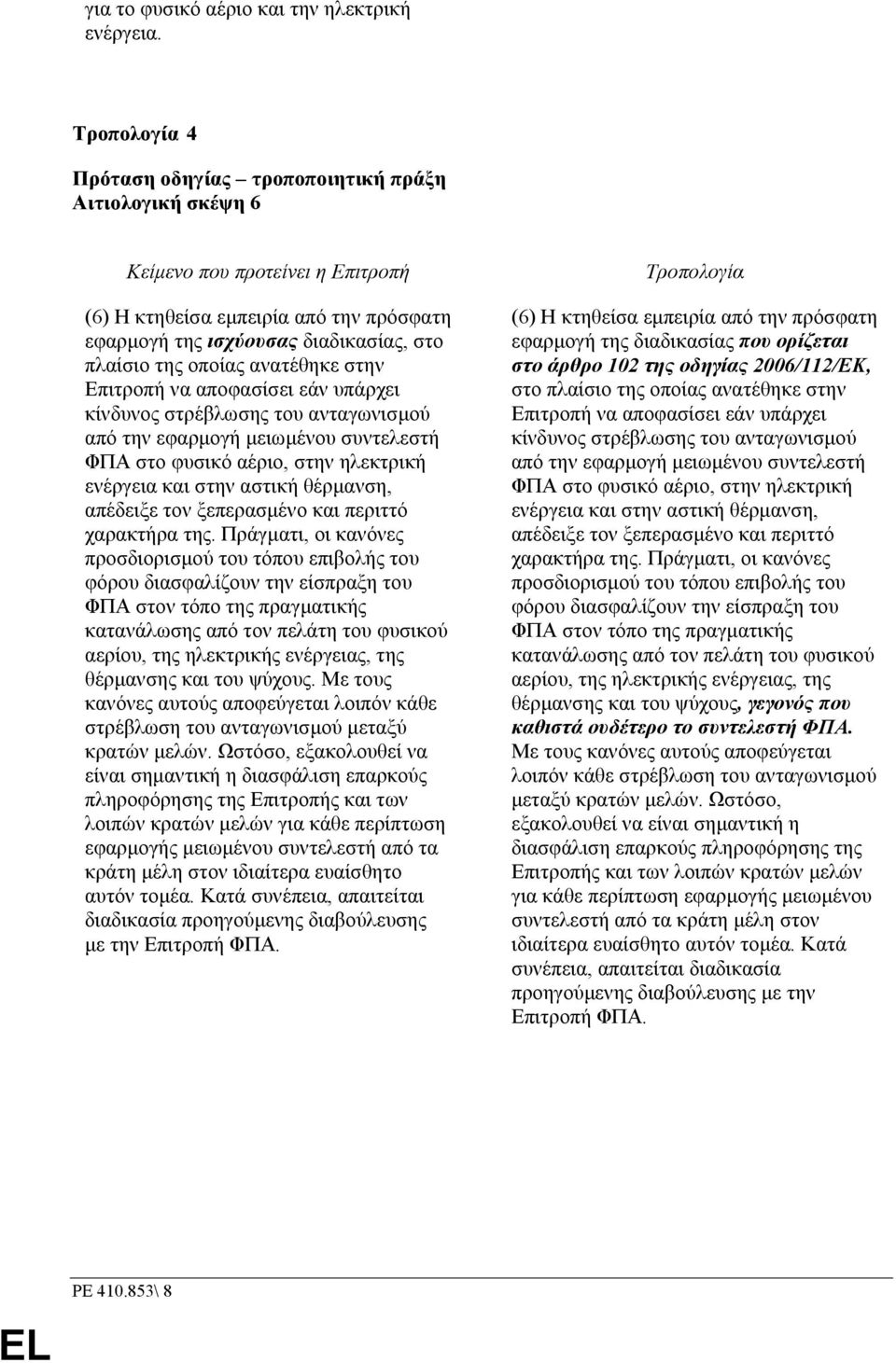 οποίας ανατέθηκε στην Επιτροπή να αποφασίσει εάν υπάρχει κίνδυνος στρέβλωσης του ανταγωνισµού από την εφαρµογή µειωµένου συντελεστή ΦΠΑ στο φυσικό αέριο, στην ηλεκτρική ενέργεια και στην αστική