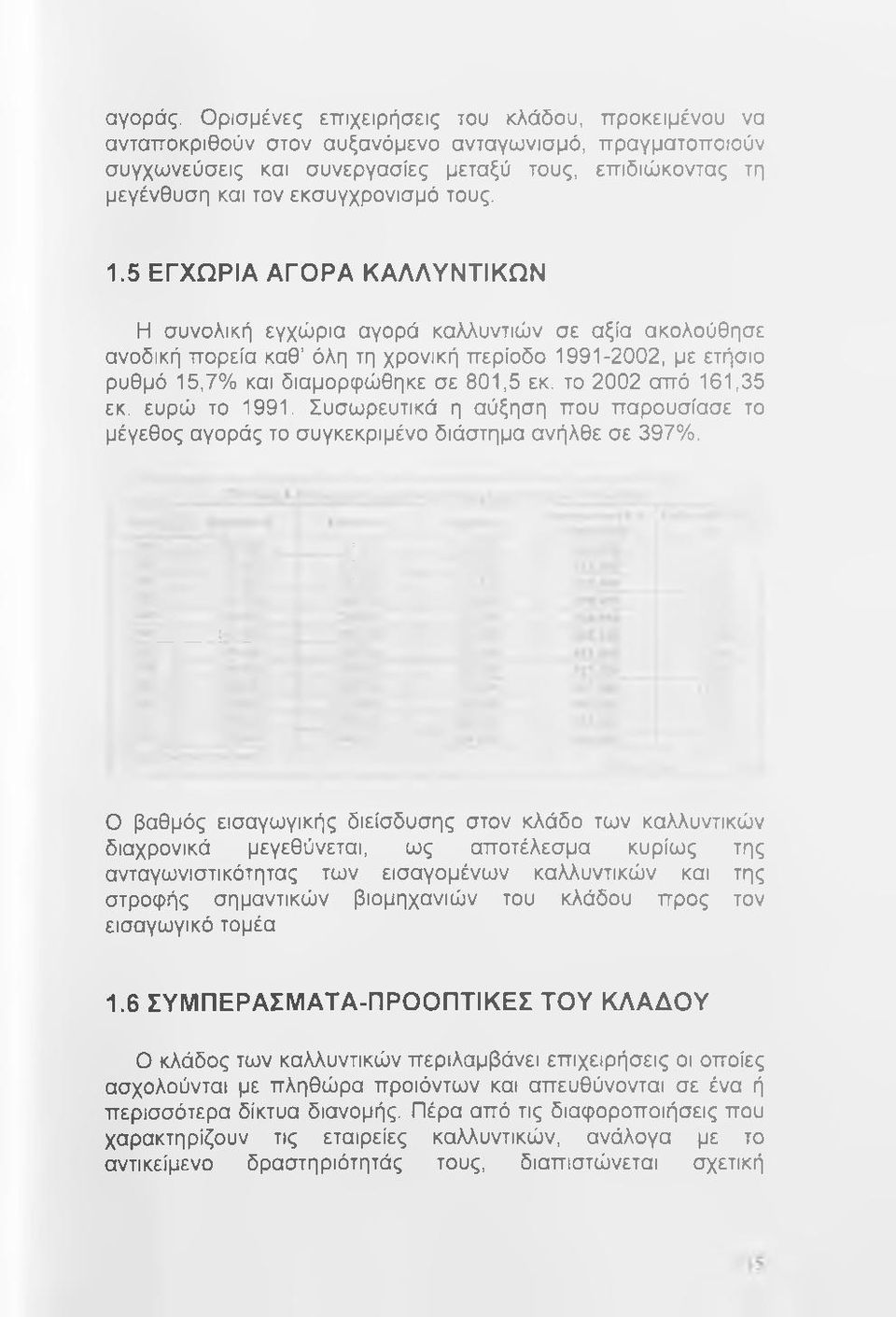 τους. 1.5 ΕΓΧΩΡΙΑ ΑΓΟΡΑ ΚΑΛΛΥΝΤΙΚΩΝ Η συνολική εγχώρια αγορά καλλυντιών σε αξία ακολούθησε ανοδική πορεία καθ όλη τη χρονική περίοδο 1991-2002, με ετήσιο ρυθμό 15,7% και διαμορφώθηκε σε 801,5 εκ.