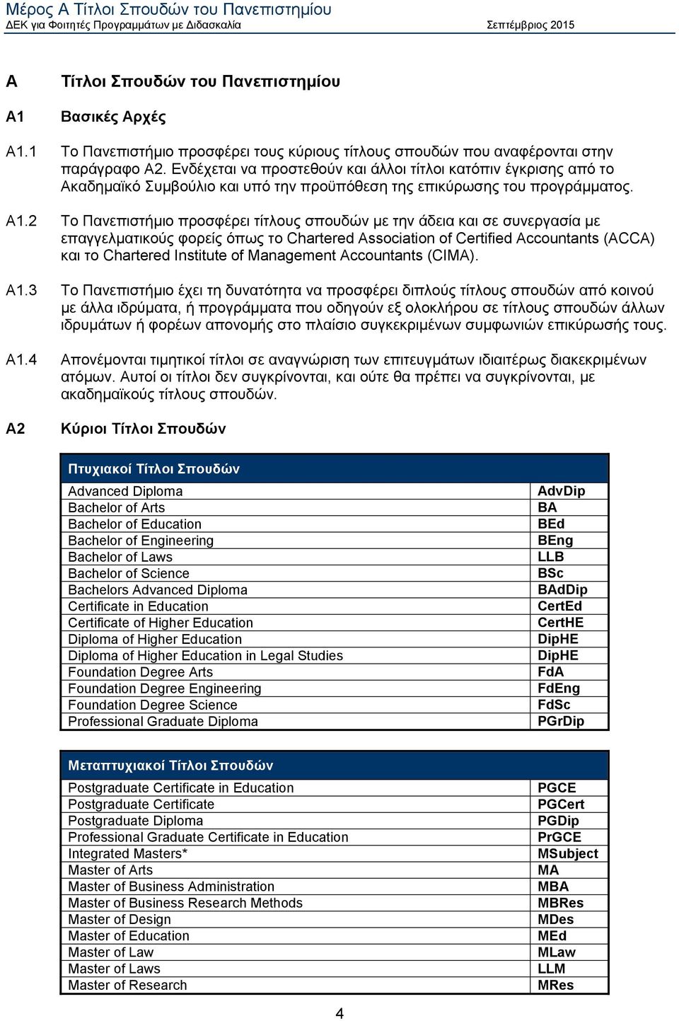 2 Το Πανεπιστήμιο προσφέρει τίτλους σπουδών με την άδεια και σε συνεργασία με επαγγελματικούς φορείς όπως το Chartered Association of Certified Accountants (ACCA) και το Chartered Institute of