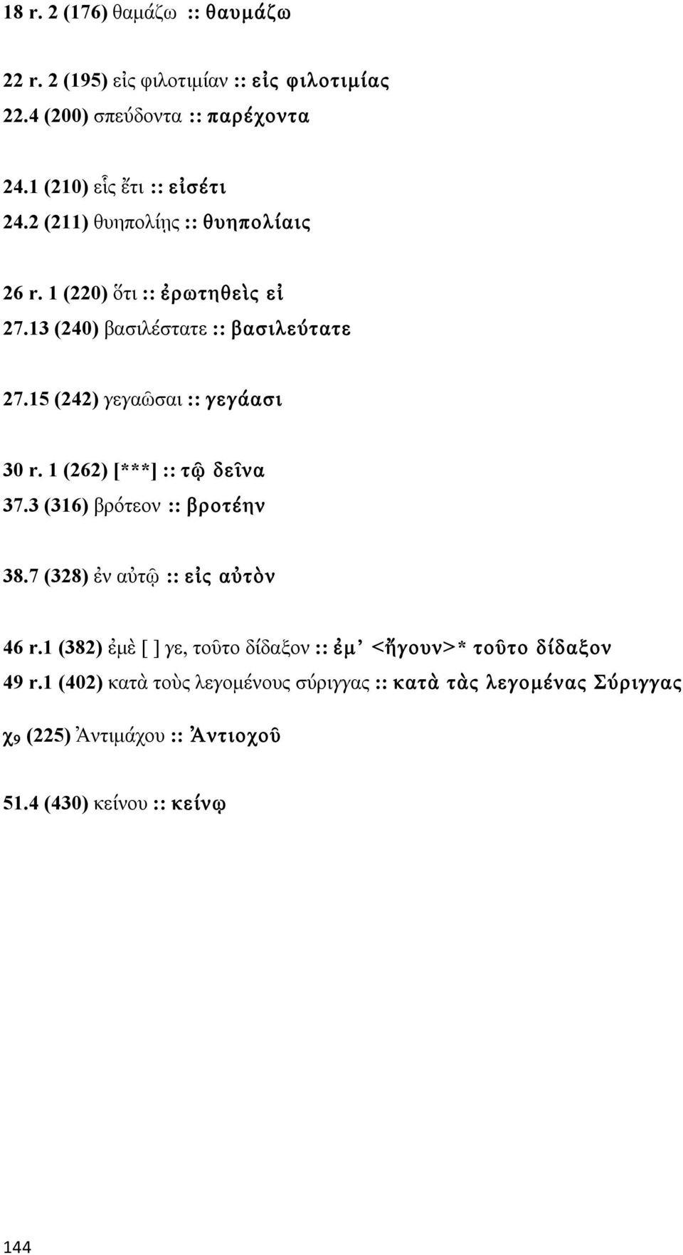 1 (262) [***] :: τῷ δεῖνα 37.3 (316) βρότεον :: βροτέην 38.7 (328) ἐν αὐτῷ :: εἰς αὐτὸν 46 r.