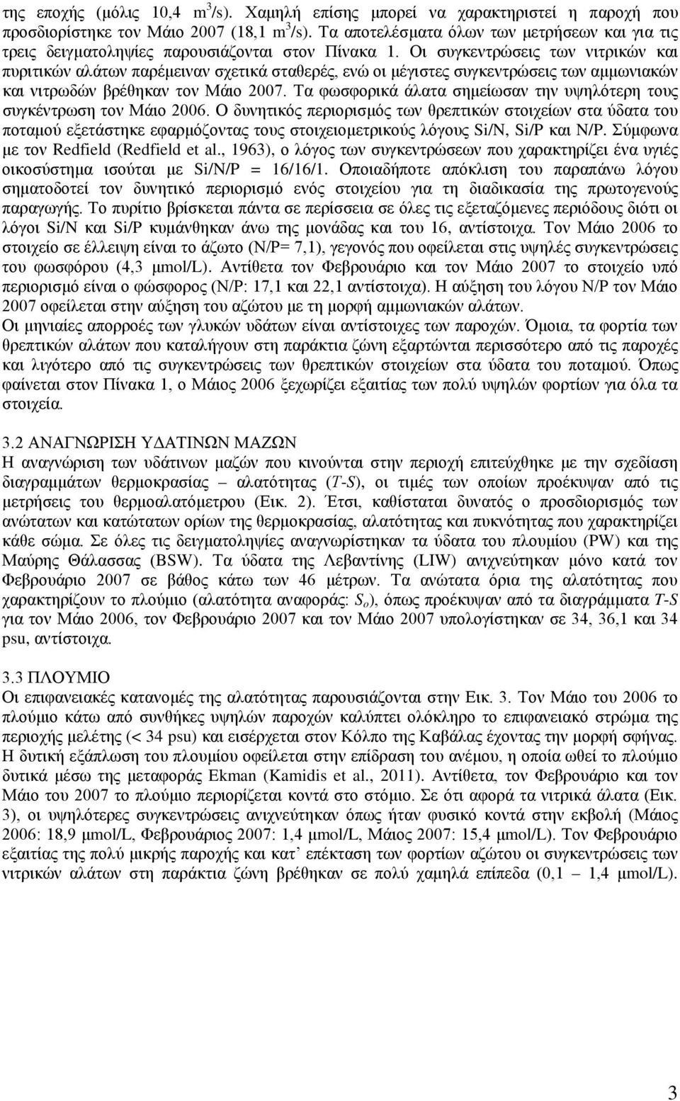 Οι συγκεντρώσεις των νιτρικών και πυριτικών αλάτων παρέμειναν σχετικά σταθερές, ενώ οι μέγιστες συγκεντρώσεις των αμμωνιακών και νιτρωδών βρέθηκαν τον Μάιο 2007.