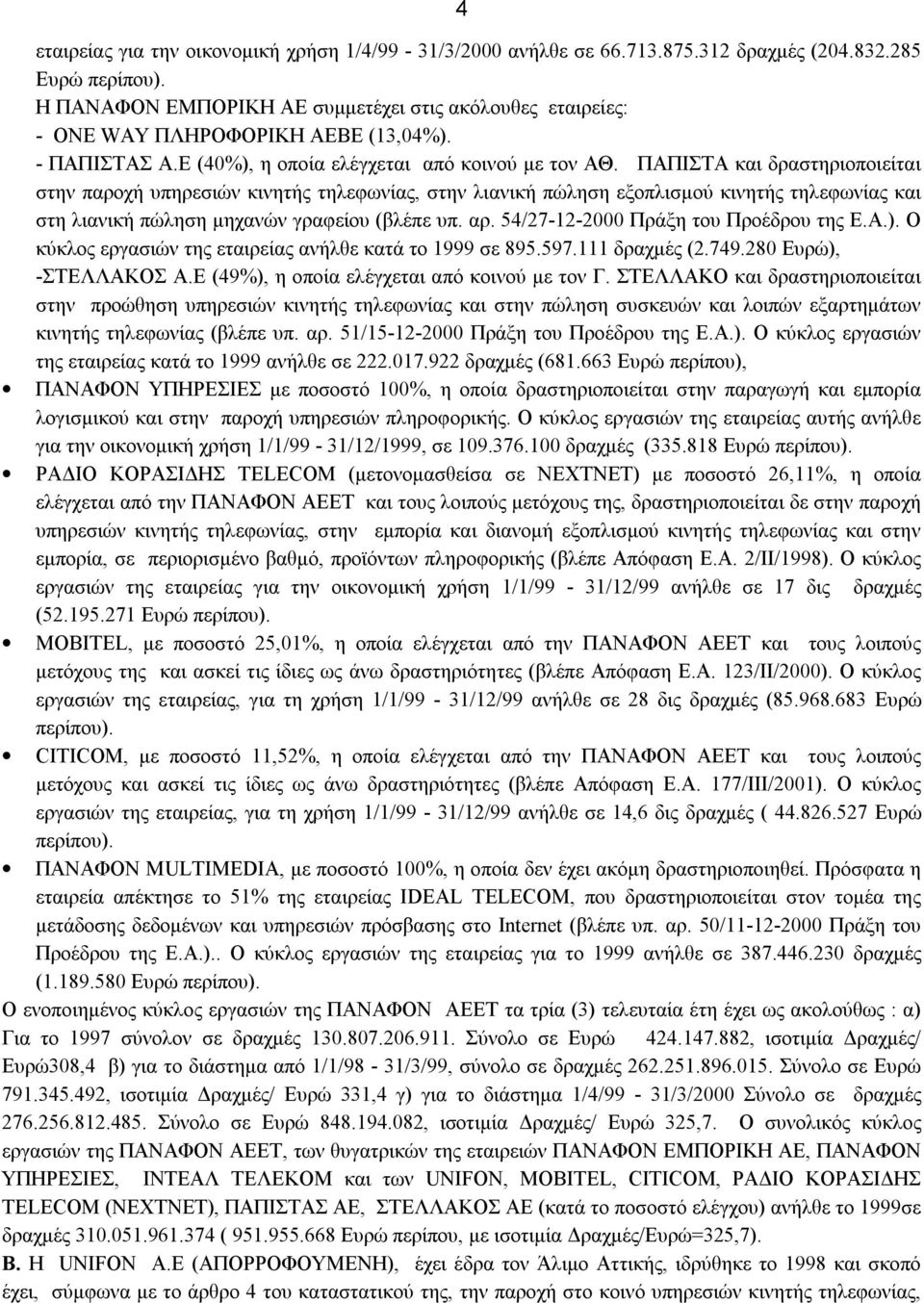 ΠAΠΙΣΤΑ και δραστηριοποιείται στην παροχή υπηρεσιών κινητής τηλεφωνίας, στην λιανική πώληση εξοπλισμού κινητής τηλεφωνίας και στη λιανική πώληση μηχανών γραφείου (βλέπε υπ. αρ.