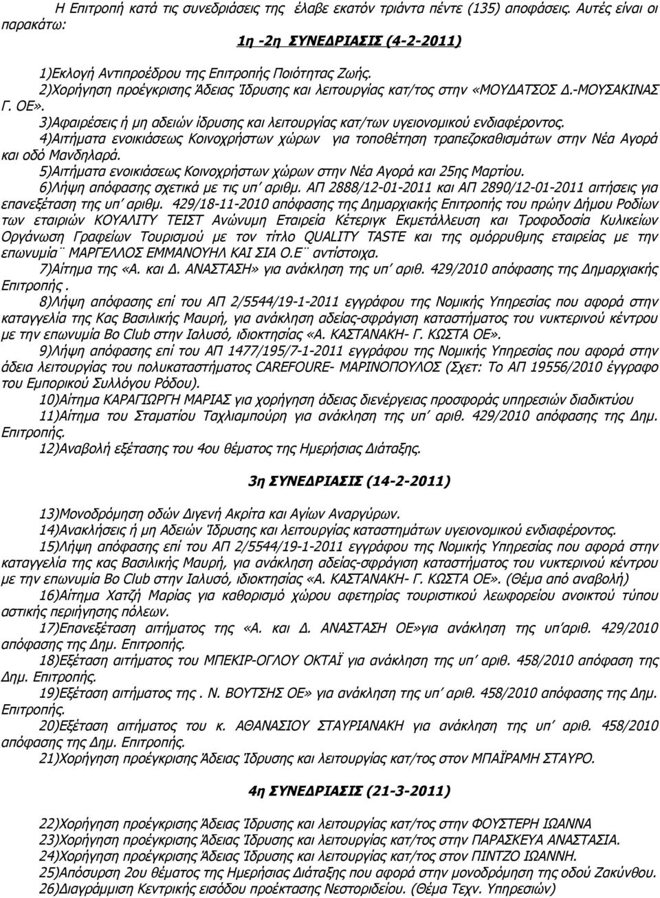 4)Αιτήματα ενοικιάσεως Κοινοχρήστων χώρων για τοποθέτηση τραπεζοκαθισμάτων στην Νέα Αγορά και οδό Μανδηλαρά. 5)Αιτήματα ενοικιάσεως Κοινοχρήστων χώρων στην Νέα Αγορά και 25ης Μαρτίου.