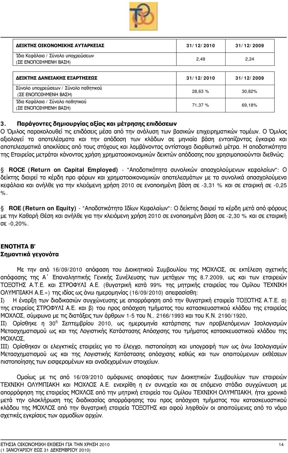 Παράγοντες δημιουργίας αξίας και μέτρησης επιδόσεων Ο Όμιλος παρακολουθεί τις επιδόσεις μέσα από την ανάλυση των βασικών επιχειρηματικών τομέων.