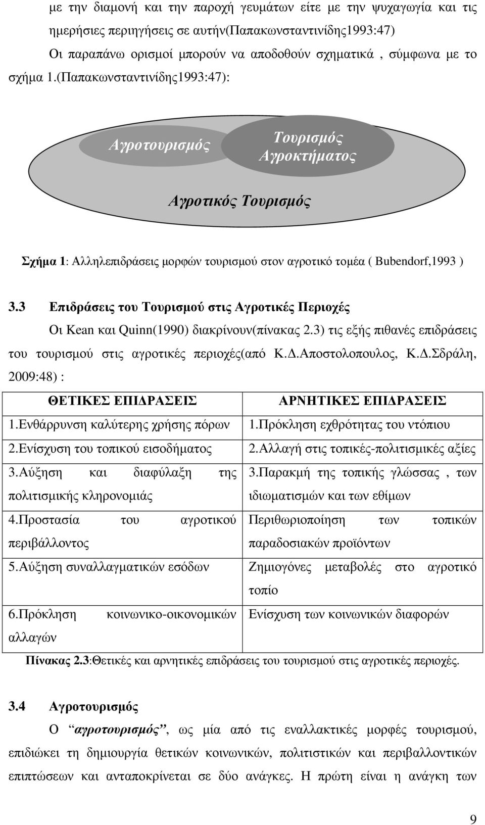 3 Επιδράσεις του Τουρισµού στις Αγροτικές Περιοχές Οι Kean και Quinn(1990) διακρίνουν(πίνακας 2.3) τις εξής πιθανές επιδράσεις του τουρισµού στις αγροτικές περιοχές(από Κ..Αποστολοπουλος, Κ.