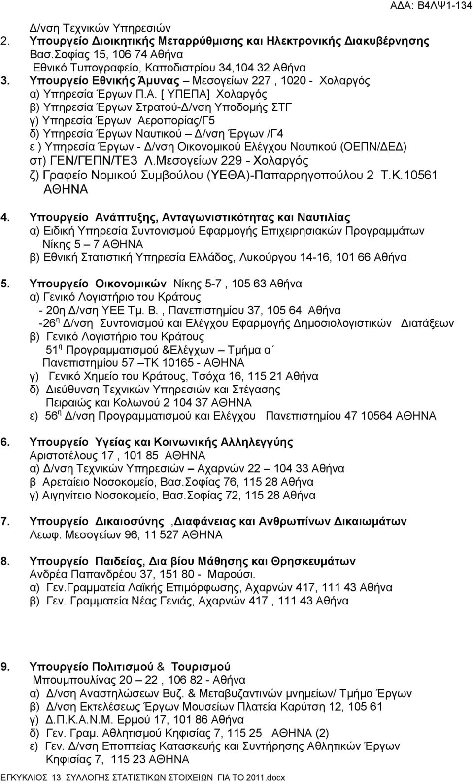 [ ΥΠΕΠΑ] Χολαργός β) Υπηρεσία Έργων Στρατού-Δ/νση Υποδομής ΣΤΓ γ) Υπηρεσία Έργων Αεροπορίας/Γ5 δ) Υπηρεσία Έργων Ναυτικού Δ/νση Έργων /Γ4 ε ) Υπηρεσία Έργων - Δ/νση Οικονομικού Ελέγχου Ναυτικού