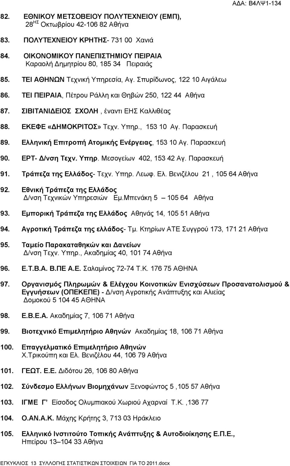 Παρασκευή 89. Ελληνική Επιτροπή Ατομικής Ενέργειας, 153 10 Αγ. Παρασκευή 90. ΕΡΤ- Δ/νση Τεχν. Υπηρ. Μεσογείων 402, 153 42 Αγ. Παρασκευή 91. Τράπεζα της Ελλάδος- Τεχν. Υπηρ. Λεωφ. Ελ. Βενιζέλου 21, 105 64 Αθήνα 92.