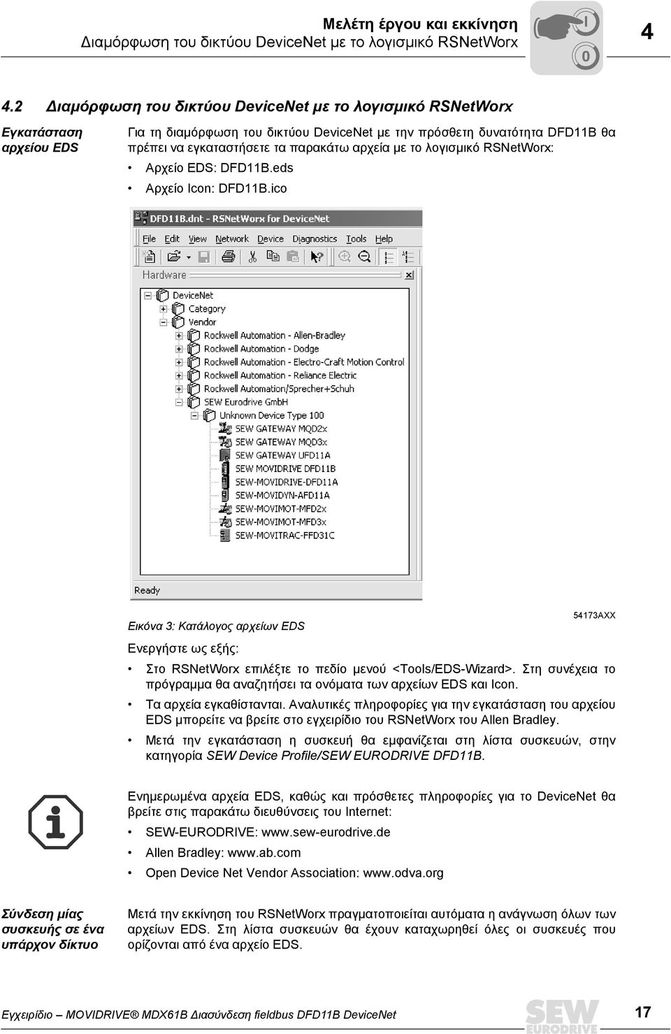 αρχεία µε το λογισµικό RSNetWorx: Αρχείο EDS: DFD11B.eds Αρχείο Icon: DFD11B.ico Εικόνα 3: Κατάλογος αρχείων EDS 54173AXX Ενεργήστε ως εξής: Στο RSNetWorx επιλέξτε το πεδίο µενού <Tools/EDS-Wizard>.
