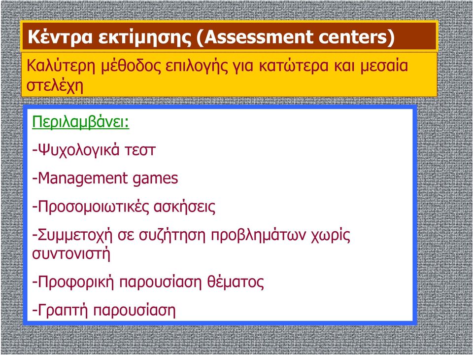 -Management games -Προσομοιωτικές ασκήσεις -Συμμετοχή σε συζήτηση