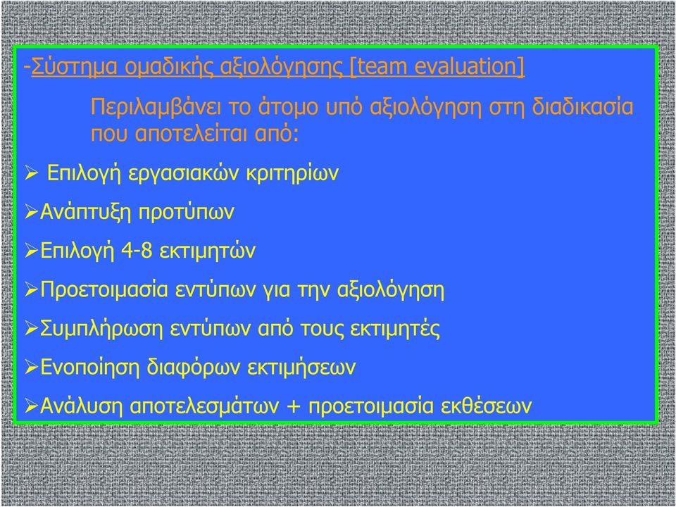 Επιλογή 4-8 εκτιμητών Προετοιμασία εντύπων για την αξιολόγηση Συμπλήρωση εντύπων από