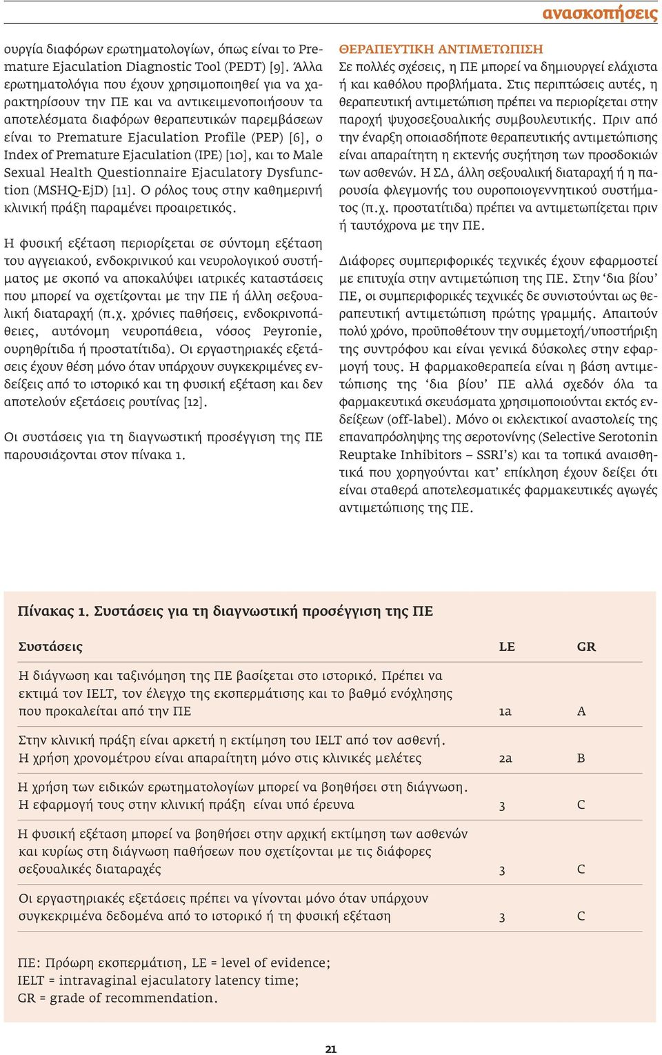 ο Index of Premature Ejaculation (IPE) [10], και το Male Sexual Health Questionnaire Ejaculatory Dysfunction (MSHQ-EjD) [11]. Ο ρόλος τους στην καθηµερινή κλινική πράξη παραµένει προαιρετικός.