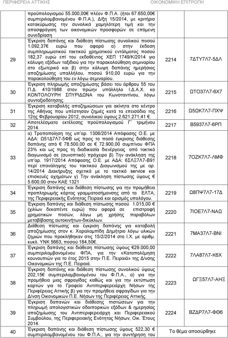 ), Δ/ξη 15/2014, με κριτήριο κατακύρωσης την συνολικά χαμηλότερη τιμή και την αποσφράγιση των οικονομικών προσφορών σε επόμενη συνεδρίαση Έγκριση δαπάνης και διάθεση πίστωσης συνολικού ποσού 1.