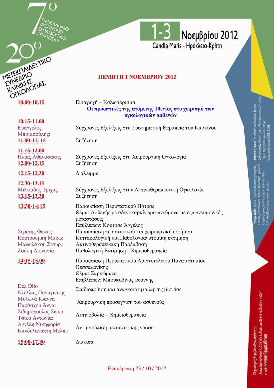 15 Συζήτηση 12.15-12.30 ιάλειµµα 12.30-13.15 Μιλτιάδης Τριχάς Σύγχρονες Εξελίξεις στην Ακτινοθεραπευτική Ογκολογία 13.15-13.