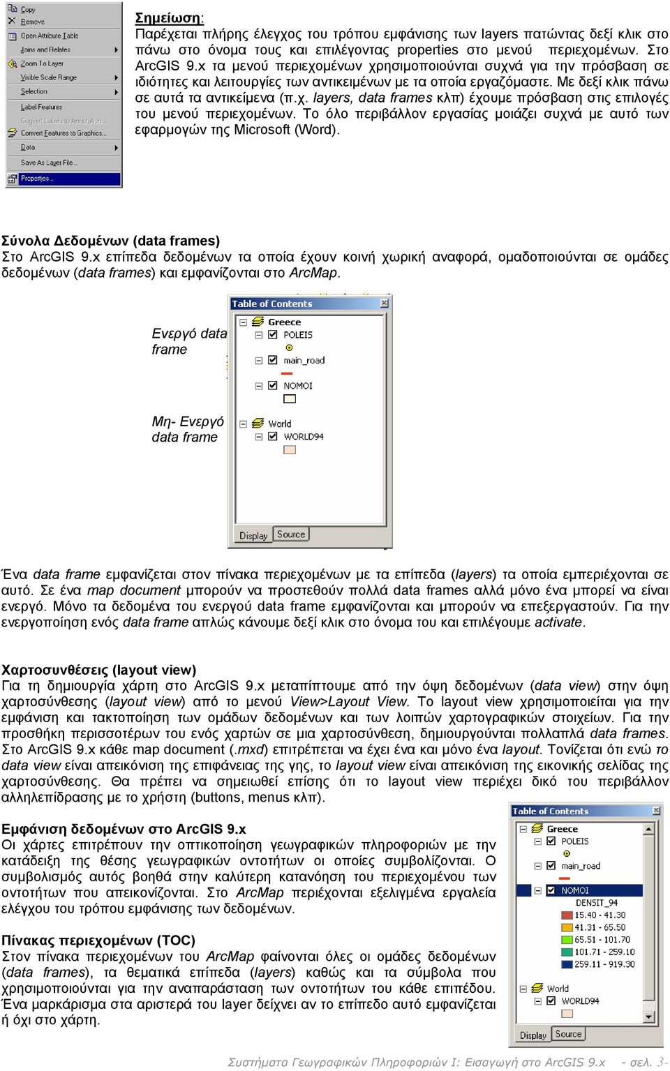 Το όλο περιβάλλον εργασίας μοιάζει συχνά με αυτό των εφαρμογών της Microsoft (Word). Σύνολα Δεδομένων (data frames) Στο ArcGIS 9.
