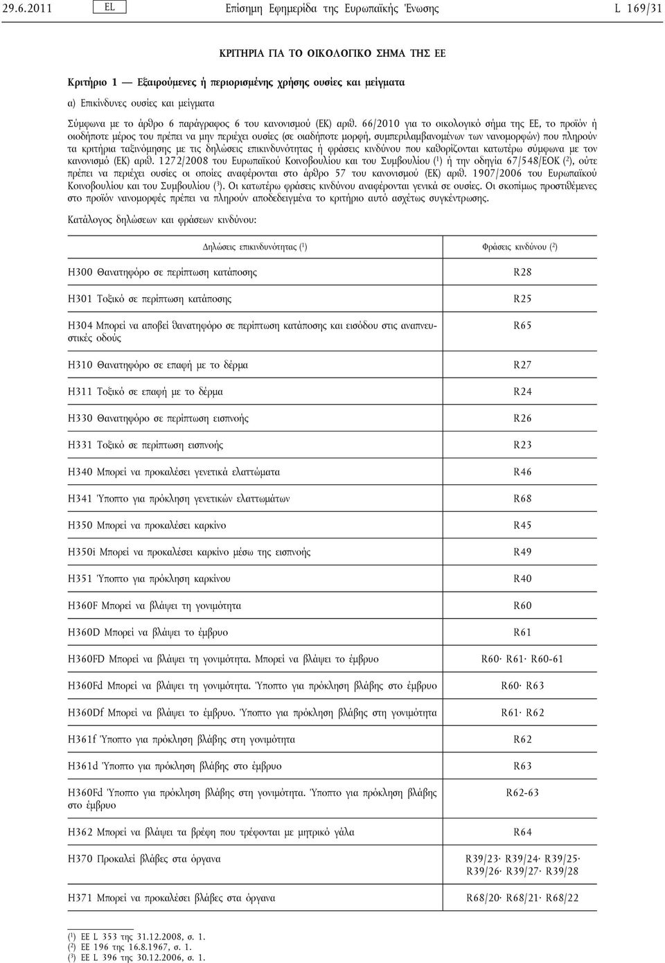 66/2010 για το οικολογικό σήμα της ΕΕ, το προϊόν ή οιοδήποτε μέρος του πρέπει να μην περιέχει ουσίες (σε οιαδήποτε μορφή, συμπεριλαμβανομένων των νανομορφών) που πληρούν τα κριτήρια ταξινόμησης με