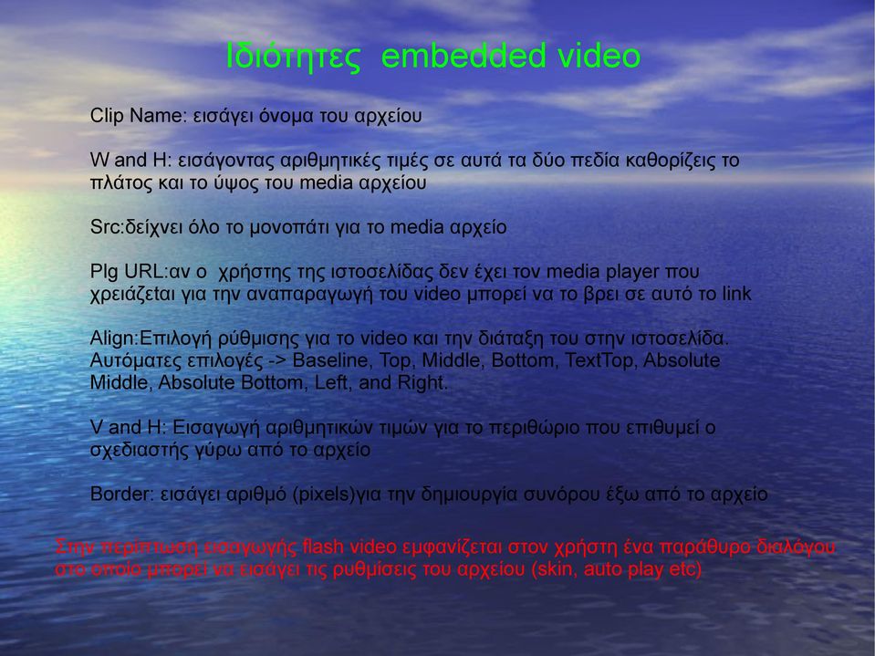 και την διάταξη του στην ιστοσελίδα. Αυτόματες επιλογές -> Baseline, Top, Middle, Bottom, TextTop, Absolute Middle, Absolute Bottom, Left, and Right.