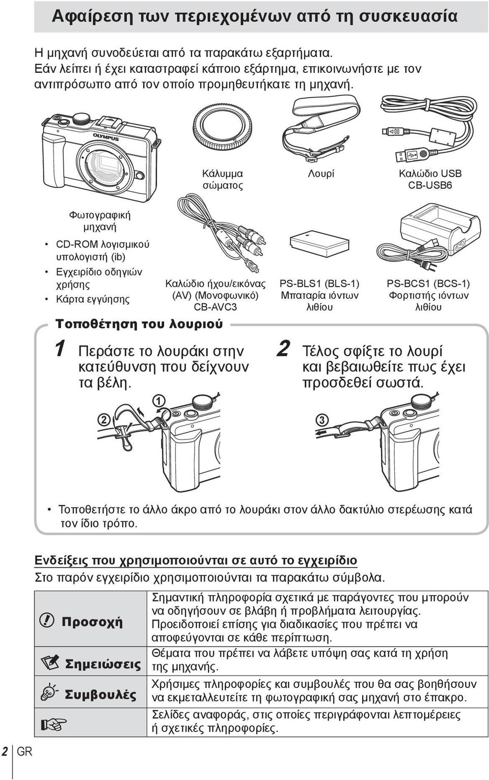 Κάλυμμα σώματος Λουρί Καλώδιο USB CB-USB6 Φωτογραφική μηχανή CD-ROM λογισμικού υπολογιστή (ib) Εγχειρίδιο οδηγιών χρήσης Κάρτα εγγύησης Καλώδιο ήχου/εικόνας (AV) (Μονοφωνικό) CB-AVC3 Τοποθέτηση του