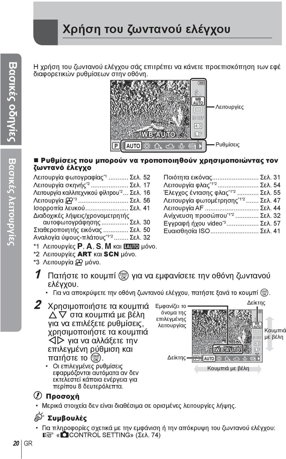 .. Σελ. 17 Λειτουργία καλλιτεχνικού φίλτρου *2... Σελ. 16 Λειτουργία n *3... Σελ. 56 Ισορροπία λευκού... Σελ. 41 Διαδοχικές λήψεις/χρονομετρητής αυτοφωτογράφησης... Σελ. 30 Σταθεροποιητής εικόνας.