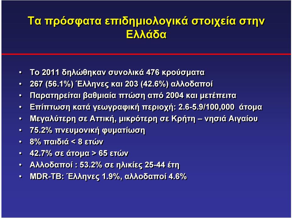 6%) αλλοδαποί Παρατηρείται βαθμιαία πτώση από 2004 και μετέπειτα Επίπτωση κατά γεωγραφική περιοχή: 2.6-5.