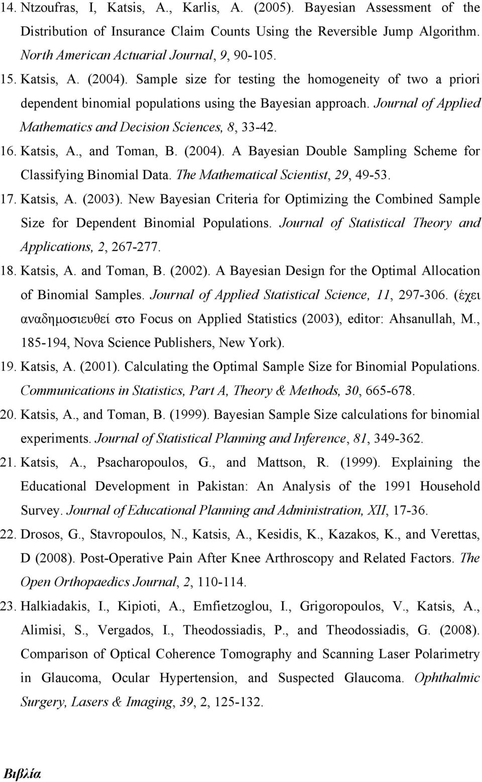 16. Katsis, A., and Toman, B. (2004). A Bayesian Double Sampling Scheme for Classifying Binomial Data. The Mathematical Scientist, 29, 49-53. 17. Katsis, A. (2003).