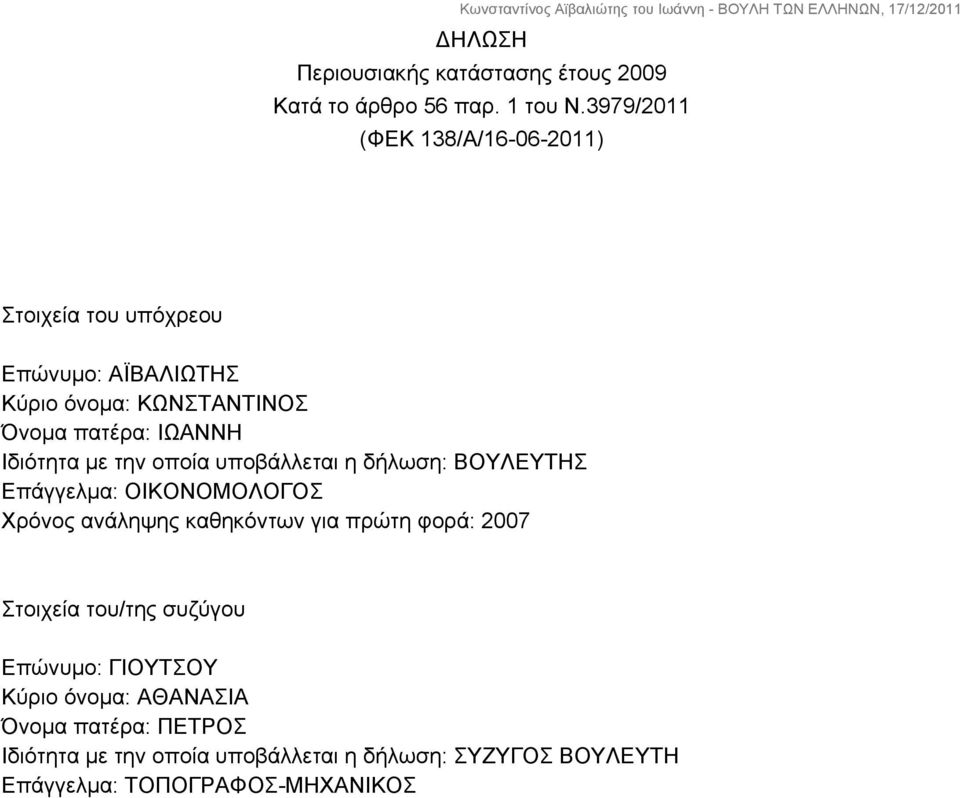 Ιδιότητα με την οποία υποβάλλεται η δήλωση: ΒΟΥΛΕΥΤΗΣ Επάγγελμα: ΟΙΚΟΝΟΜΟΛΟΓΟΣ Χρόνος ανάληψης καθηκόντων για πρώτη φορά: