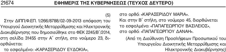 στη σελίδα 31455 στην Α στήλη, στο νούμερο 23, δι ορθώνεται: το εσφαλμένο: «ΚΑΡΑΣΕΡΙΔΟΥ ΕΥΔΟΚΙΑ», στο ορθό: «ΚΑΡΑΣΕΡΙΔΟΥ ΜΑΡΙΑ».