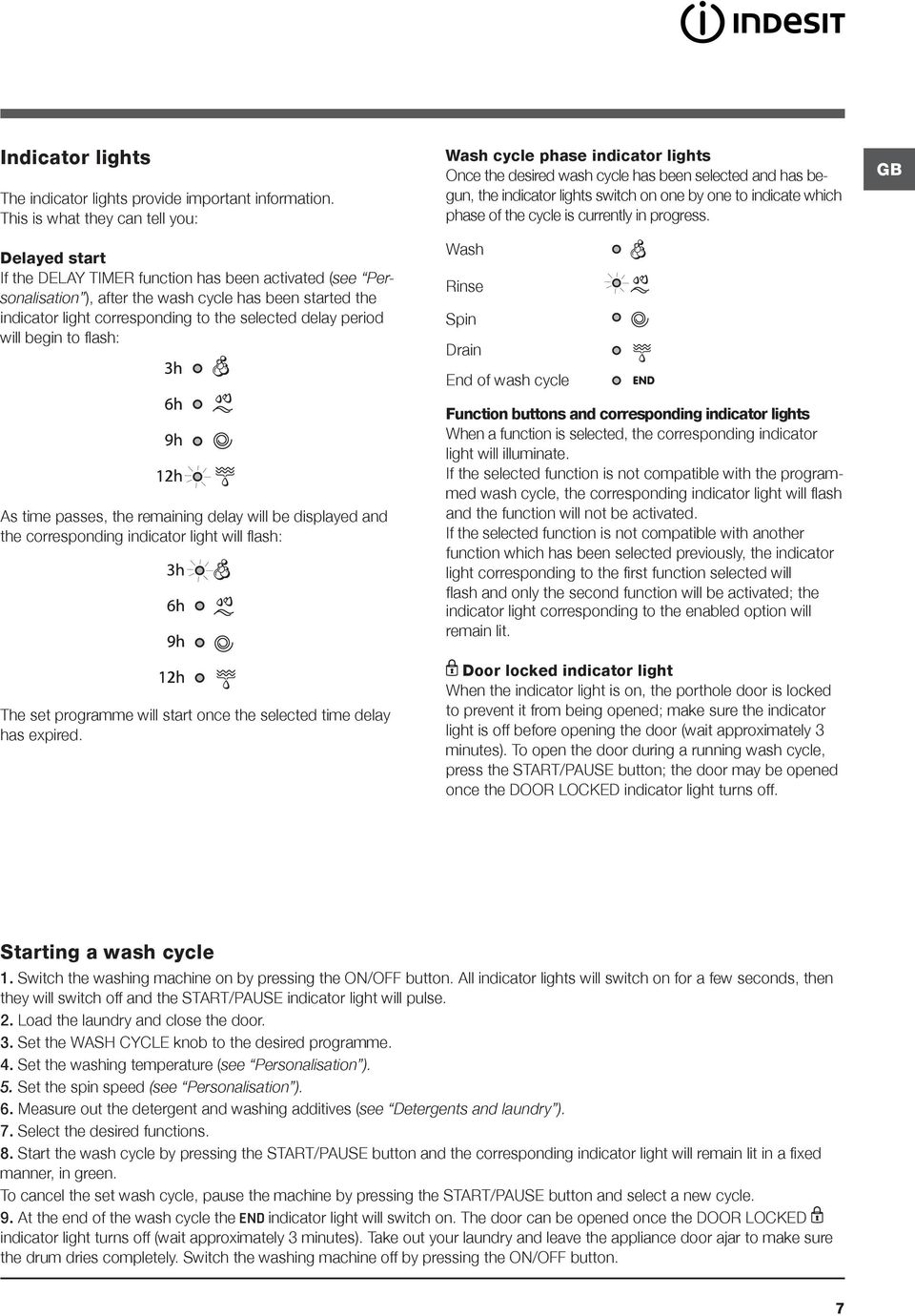 selected delay period will begin to flash: As time passes, the remaining delay will be displayed and the corresponding indicator light will flash: Wash cycle phase indicator lights Once the desired