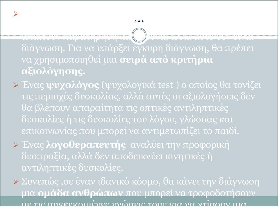 Ένας ψυχολόγος (ψυχολογικά test ) ο οποίος θα τονίζει τις περιοχές δυσκολίας, αλλά αυτές οι αξιολογήσεις δεν θα βλέπουν απαραίτητα τις οπτικές αντιληπτικές δυσκολίες ή τις δυσκολίες του λόγου,