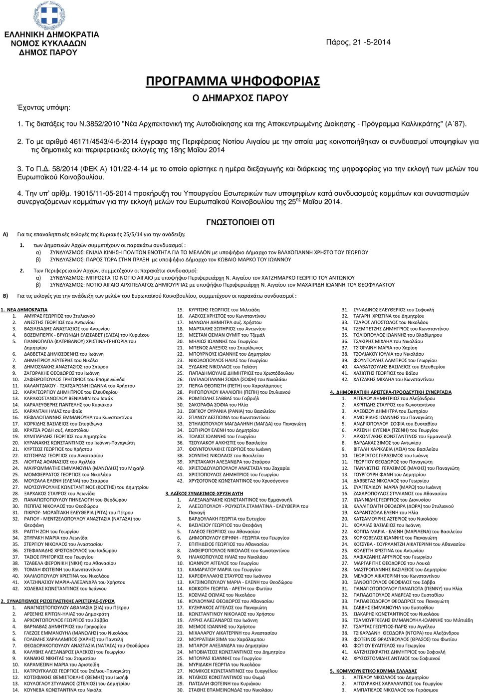Το µε αριθµό 46171/4543/4-5-2014 έγγραφο της Περιφέρειας Νοτίου Αιγαίου µε την οποία µας κοινοποιήθηκαν οι συνδυασµοί υποψηφίων για τις δηµοτικές και περιφερειακές εκλογές της 18ης Μαΐου 2014 3. Το Π.