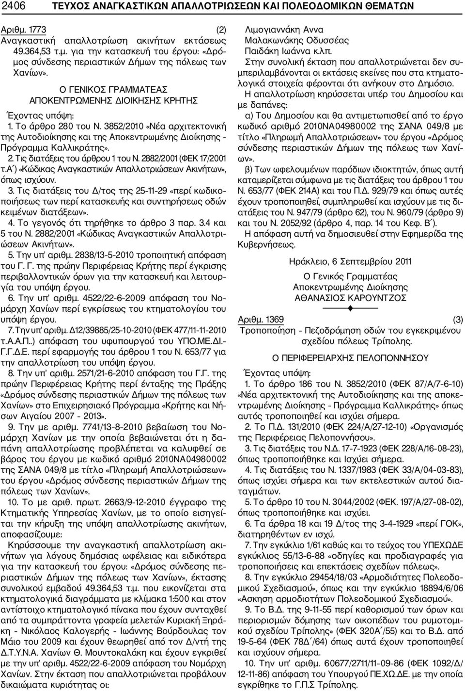 2882/2001 (ΦΕΚ 17/2001 τ.α ) «Κώδικας Αναγκαστικών Απαλλοτριώσεων Ακινήτων», όπως ισχύουν. 3.