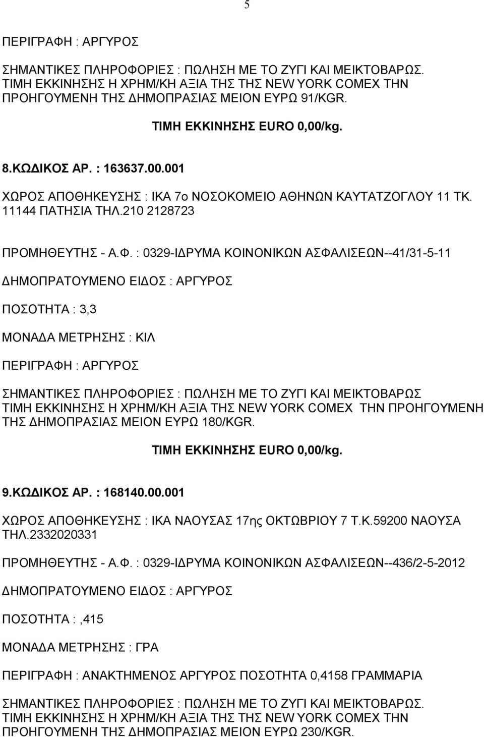 : 0329-ΙΔPΥΜΑ ΚΟΙΝΟΝΙΚΩΝ ΑΣΦΑΛΙΣΕΩΝ--41/31-5-11 ΠΟΣΟΤΗΤΑ : 3,3 ΠΕΡΙΓΡΑΦΗ : ΑΡΓΥΡΟΣ ΤΙΜΗ ΕΚΚΙΝΗΣΗΣ Η ΧΡΗΜ/ΚΗ ΑΞΙΑ ΤΗΣ NEW YORK COMEX ΤΗΝ ΠΡΟΗΓΟΥΜΕΝΗ ΤΗΣ ΔΗΜΟΠΡΑΣΙΑΣ ΜΕΙΟΝ ΕΥΡΩ