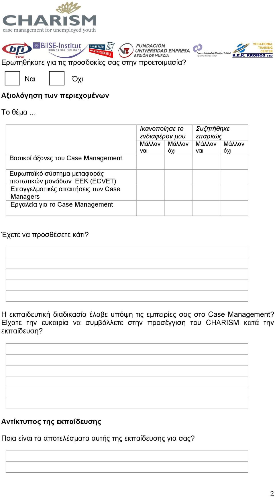 απαιτήσεις των Case Managers Εργαλεία για το Case Management Ικανοποίησε το ενδιαφέρον µου Μάλλον Μάλλον ναι όχι Συζητήθηκε επαρκώς Μάλλον Μάλλον ναι όχι