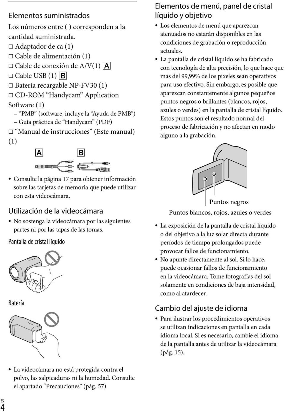 ) Guía práctica de Handycam (PDF) Manual de instrucciones (Este manual) (1) Elementos de menú, panel de cristal líquido y objetivo Los elementos de menú que aparezcan atenuados no estarán disponibles